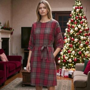 Albert Nipon Vintage 80s Plaid Dress Red Wool Knee length Size M Holiday Office